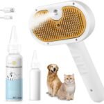 Pet Steam Brush for Dog & Cat – 3-in-1 Spray Hair Removal Comb – Steam Brush for Shedding & Grooming – Water Brush for Long & Short Haired Pets – Spritz Defur Comb – Includes Waterless Shampoo
