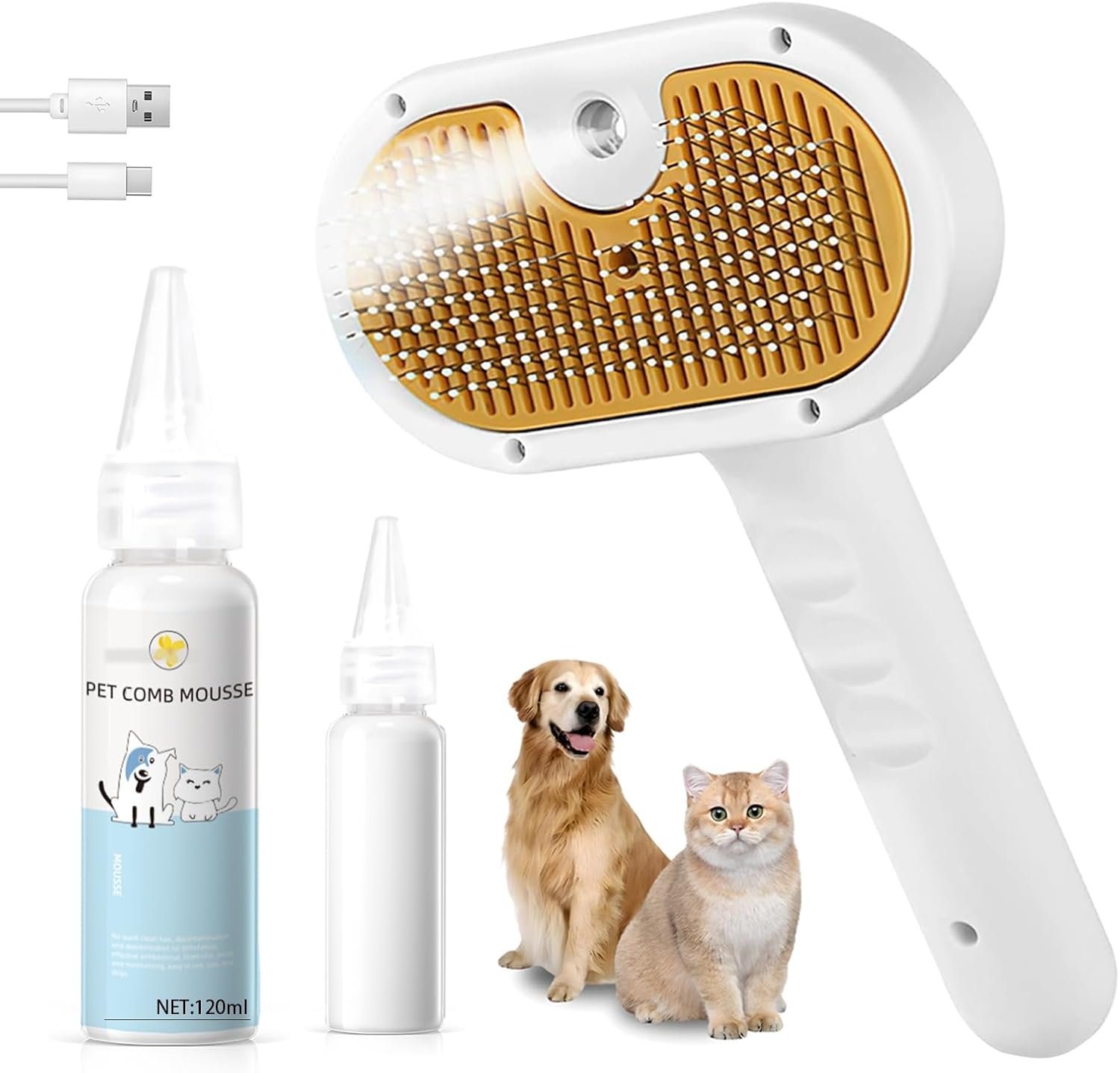 Pet Steam Brush for Dog & Cat – 3-in-1 Spray Hair Removal Comb – Steam Brush for Shedding & Grooming – Water Brush for Long & Short Haired Pets – Spritz Defur Comb – Includes Waterless Shampoo