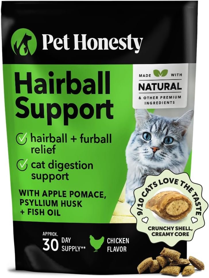 Pet Honesty Cat Hairball Support Crunchy & Creamy Chews, Hairball Remedy Treats, Cat Furball Treatment, Supports Skin & Coat, Digestion, Vitamins & Hairball Medicine, Chicken (30-Day Supply)