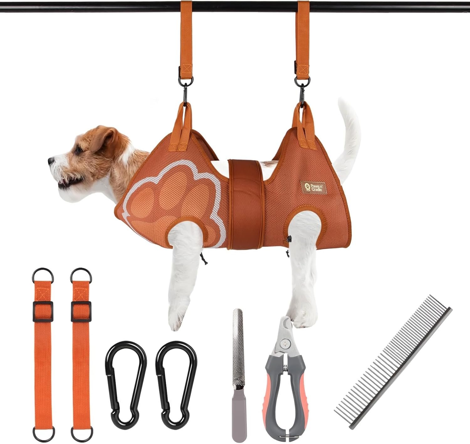 Paws n' Cradle Dog Grooming Hammock Harness for Dogs & Cats - Complete Kit with Adjustable Leg Fittings, Comb, Nail Clippers, File, Velcro Strap, Adjustable Hanging Straps & Snap Hooks (Medium)