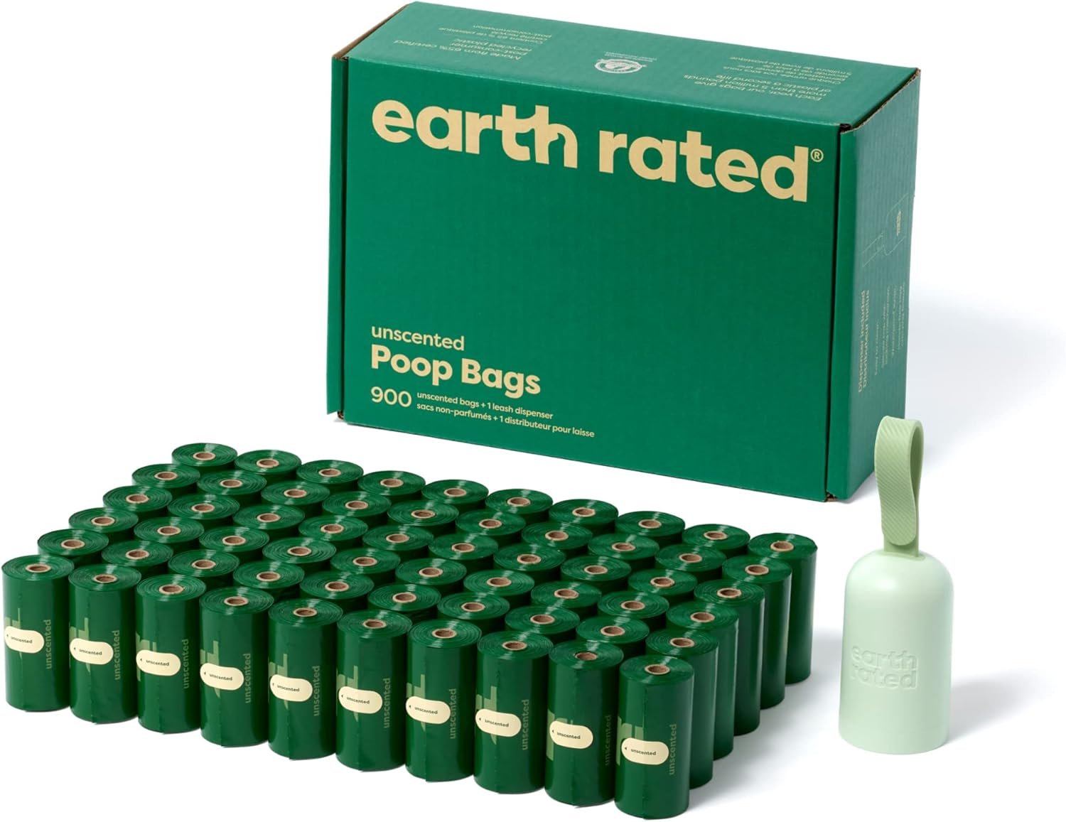 Earth Rated Dog Poop Bag Holder with Bags, Durable and Guaranteed Leakproof, Unscented, 1 Dispenser and 900 Count