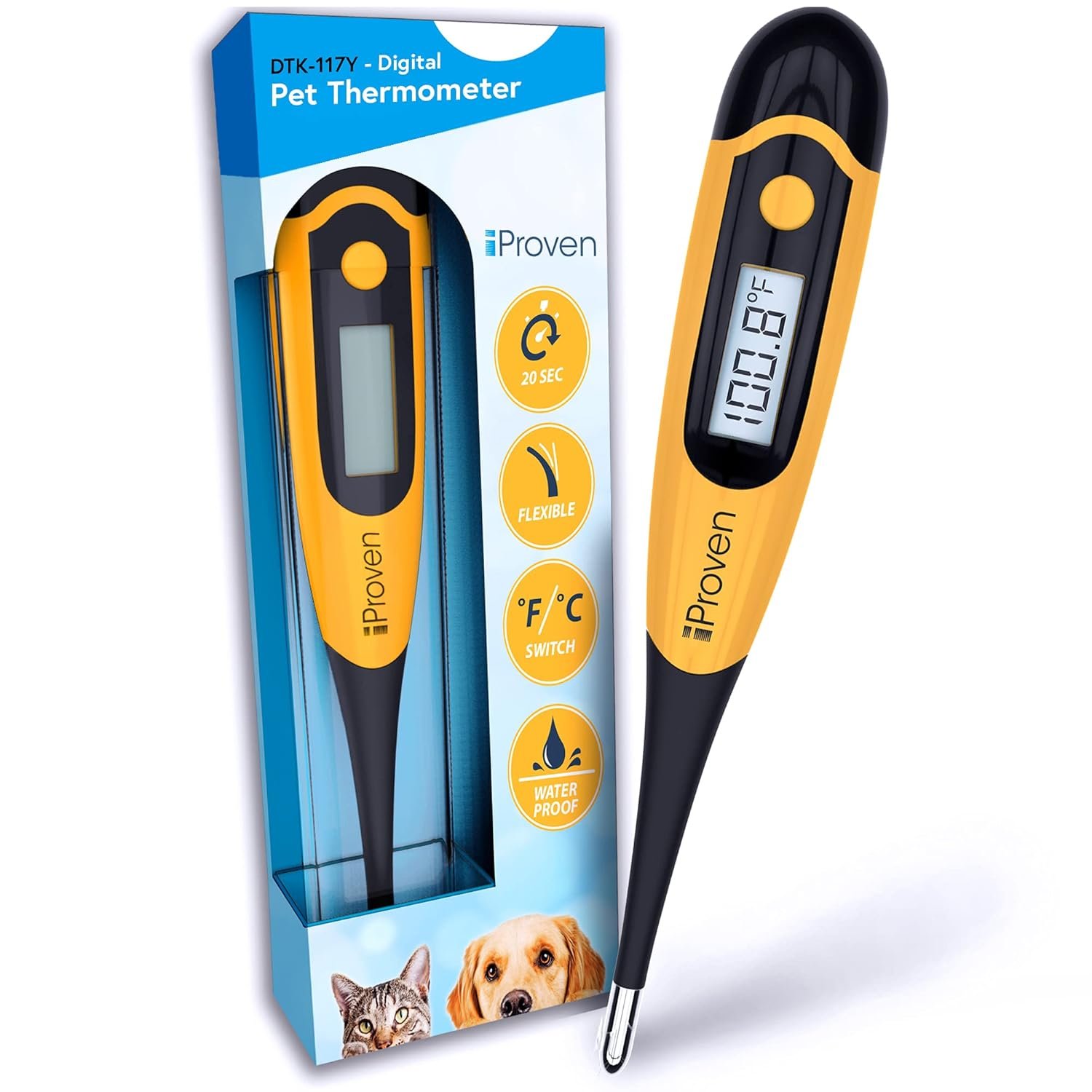 iProven Dog & Cat Thermometer for Accurate Fever Detection, Comfortable Flexible Tip, Waterproof Pet Thermometer, Fast Readings in 20 sec, Whelping and Veterinary Supply, DTK-117Y