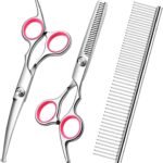 Dog Grooming Kit with Safety Round Tips Stainless Steel Professional Dog Shears Set - Thinning, Curved Scissors and Comb for Cat Pet