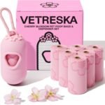 VETRESKA Dog Poop Bag Dispenser with Cherry Blossom Scented Poop Bags, Leak Proof and Extra Thick Pet Waste Bags, 1 Poop Bag Holder and 105 Bags for Dog Walking and Cats Litter, Pink