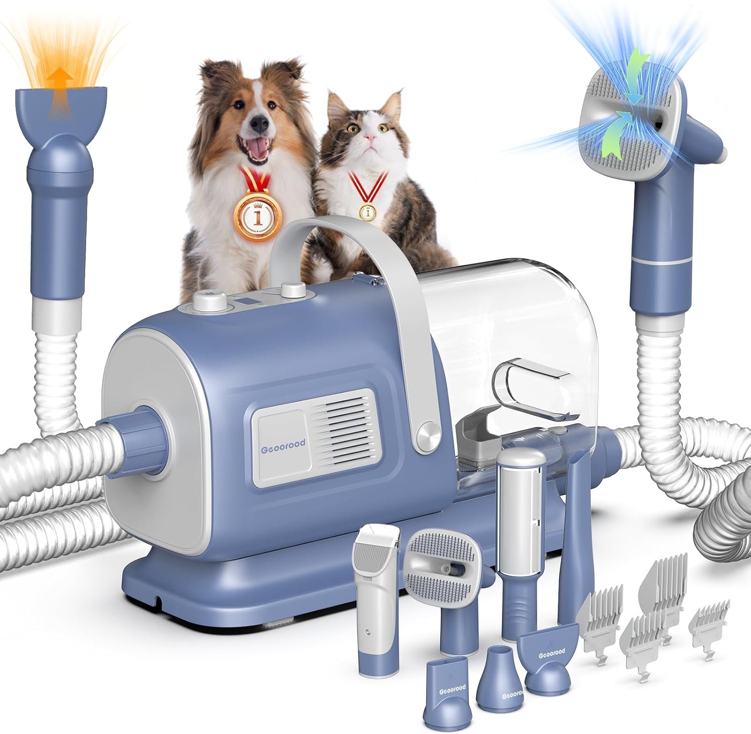 Vacuum & Dryer Integrated 7-in-1 Dog Grooming Kit with Hair Clipper, Effective Tools for Home Pet Grooming, Easy Cleanup, Versatile Accessories - Blue Grey