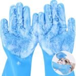 Pecute Pet Grooming Gloves - Heat Resistant Silicone Gloves with High-Density Teeth, Enhanced Five Finger Design for Bathing and Massaging Dogs and Cats, Blue