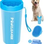 Comotech Dog Paw Cleaner with Bath Brush & Absorbent Towels - Adjustable Ring Handle for Long and Short-Haired Dogs (Large, Blue)