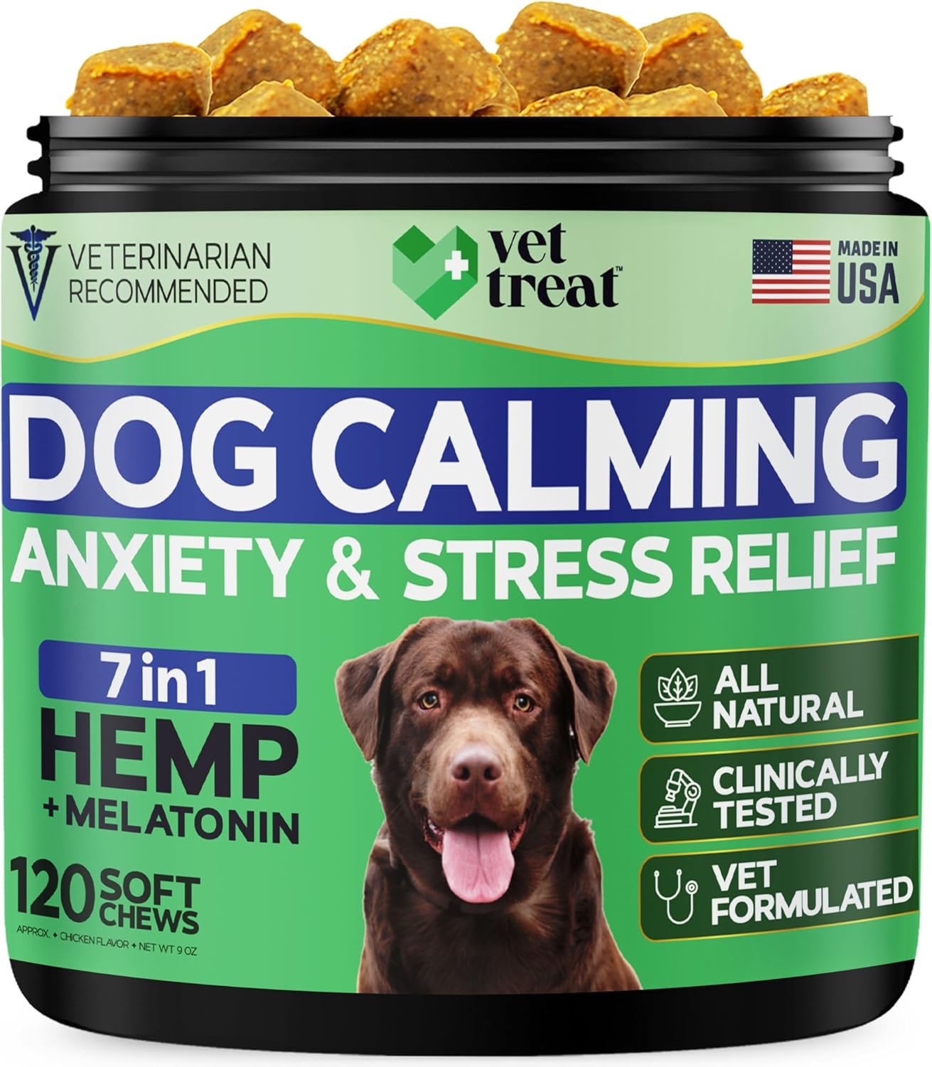 Hemp Calming Chews for Dogs - Dog Anxiety Relief -Made in USA- Hemp Oil + Melatonin Treats - Separation Anxiety, Barking, Travel - Dog Calming Chews - 120 Soft Treats - Chicken