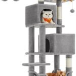 Feandrea Cat Tree, 61-Inch Cat Tower for Indoor Cats, Plush Multi-Level Cat Condo with 5 Scratching Posts, 2 Perches, 2 Caves, Hammock, 2 Pompoms, Light Gray UPCT192W01