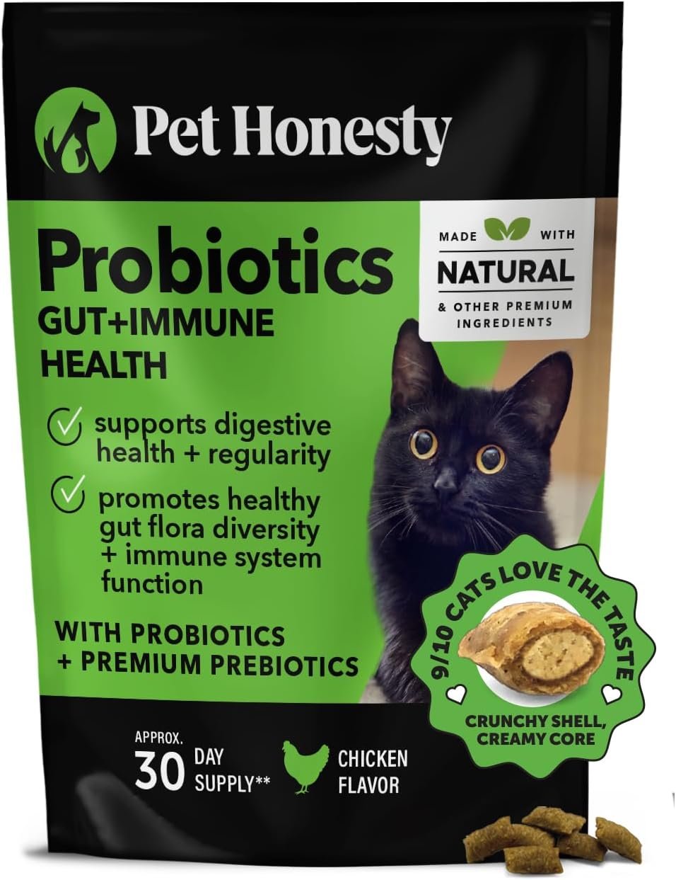 Cat Probiotics Gut + Immune Health Crunchy & Creamy Chews - Digestive Health, Supports Gut Health, Immunity, Healthy Digestion + Cat Constipation Relief - Chicken 30-Day Supply