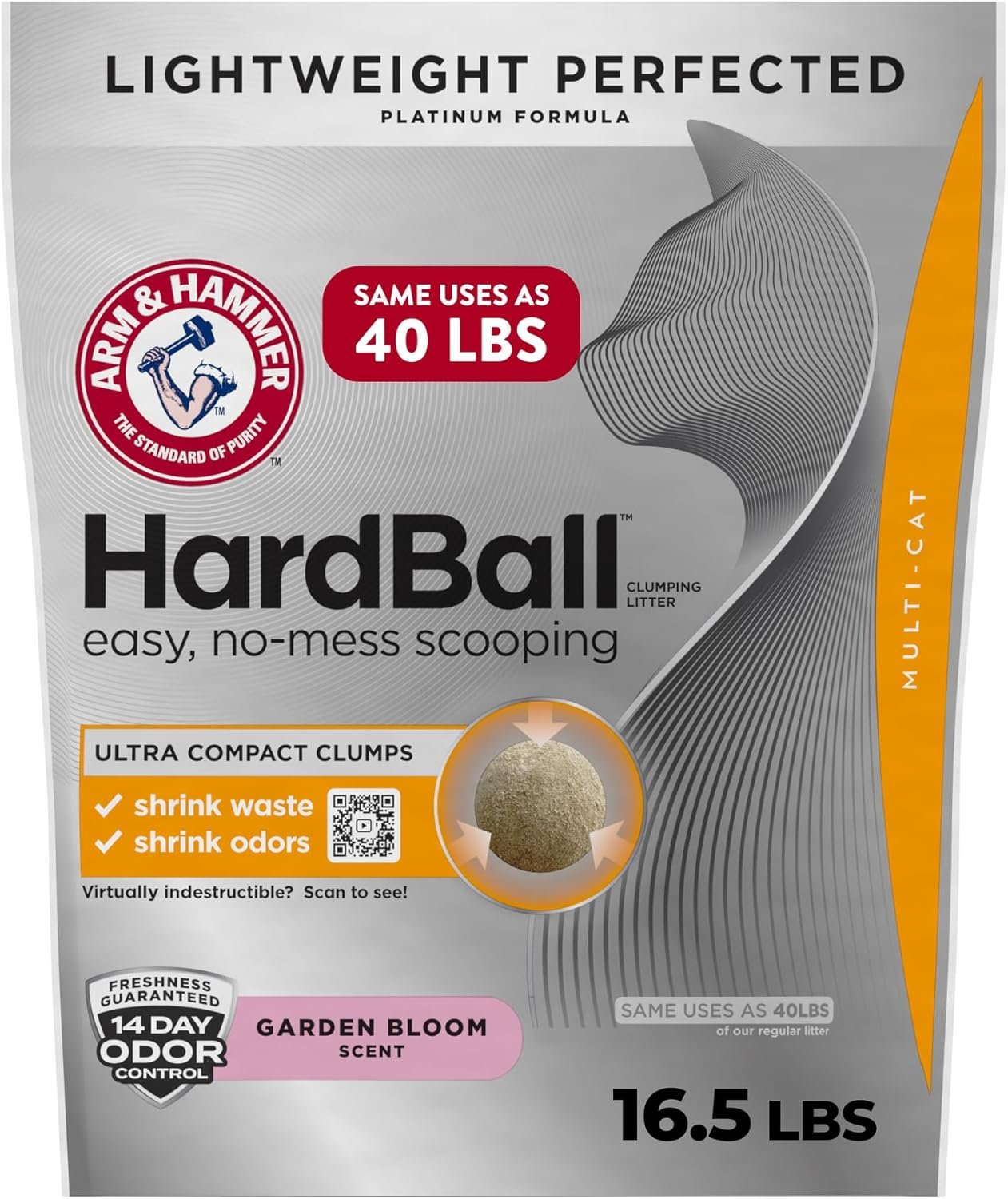 ARM & HAMMER Hardball Lightweight Platinum Multi-Cat Clumping Litter, Easy No-Mess Scooping, Garden Bloom Scent, 16.5 lbs
