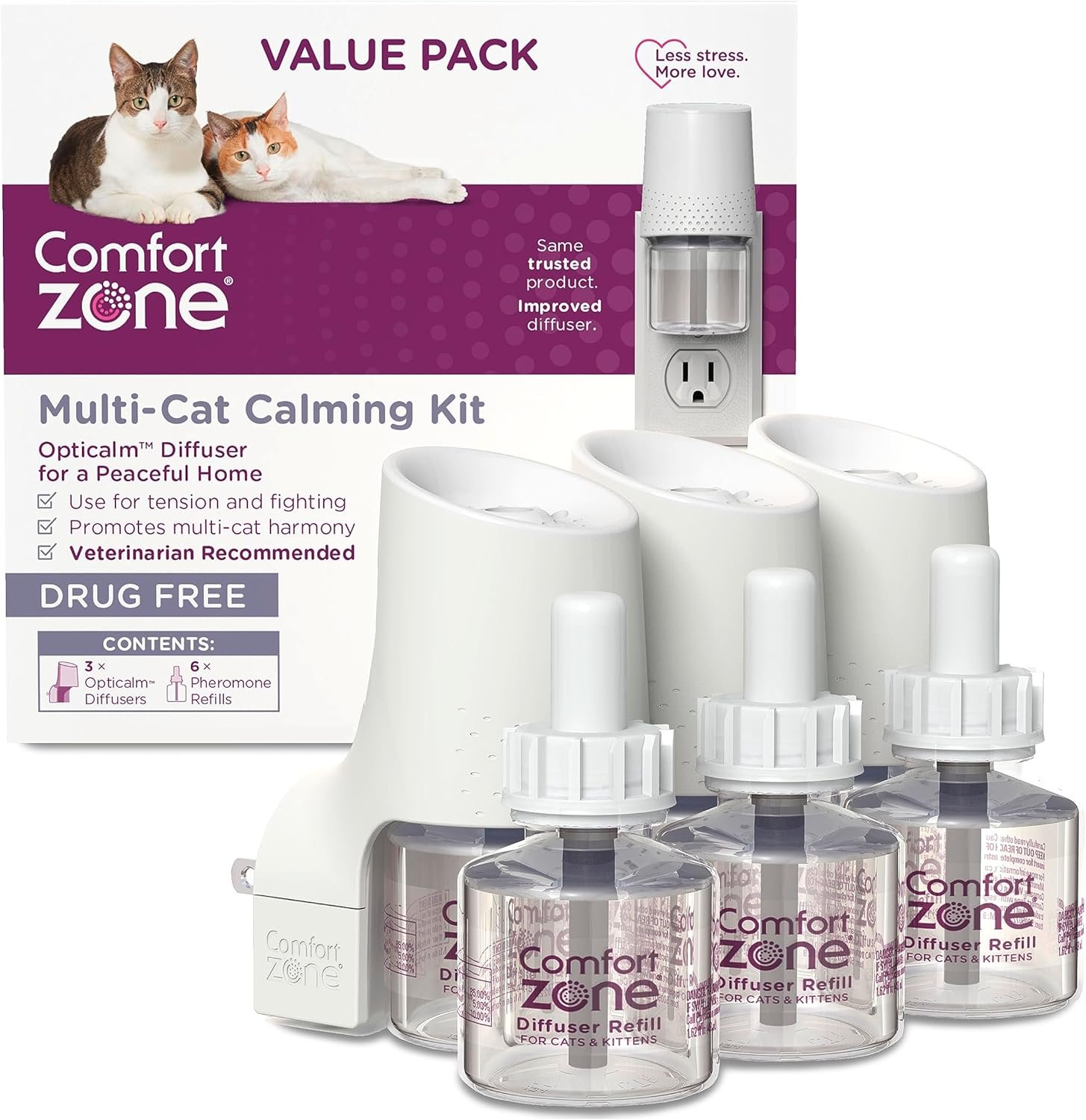 COMFORT ZONE Value Kit; 3 Multicat Diffusers & 6 Refills; Cat Calming Pheromone; Reduce Stress, Aggression, Fighting, Urine Marking, Scratching