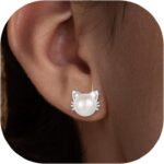 925 Sterling Silver Freshwater Pearl Cat Stud Earrings for Women, Cat CZ Studs Hypoallergenic Jewelry Gift