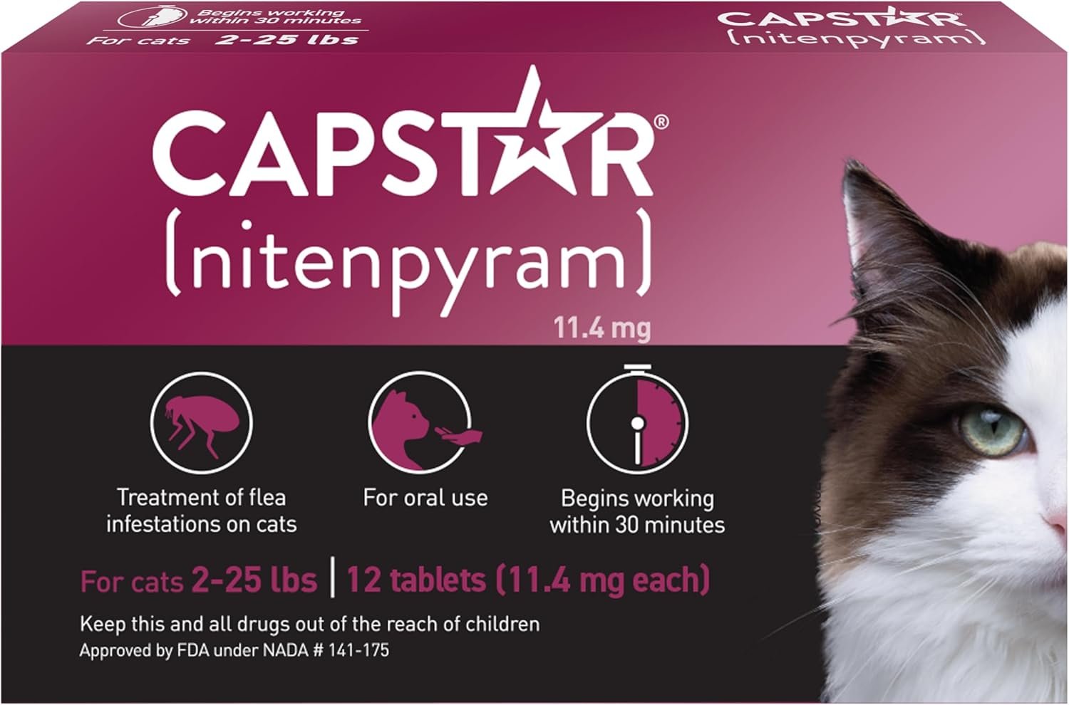 Capstar (nitenpyram) for Cats, Fast-Acting Oral Flea Treatment for Cats 2-25 lbs, Vet-Recommended Flea Medication Tablets Start Killing Fleas in 30 Minutes, 12 Doses