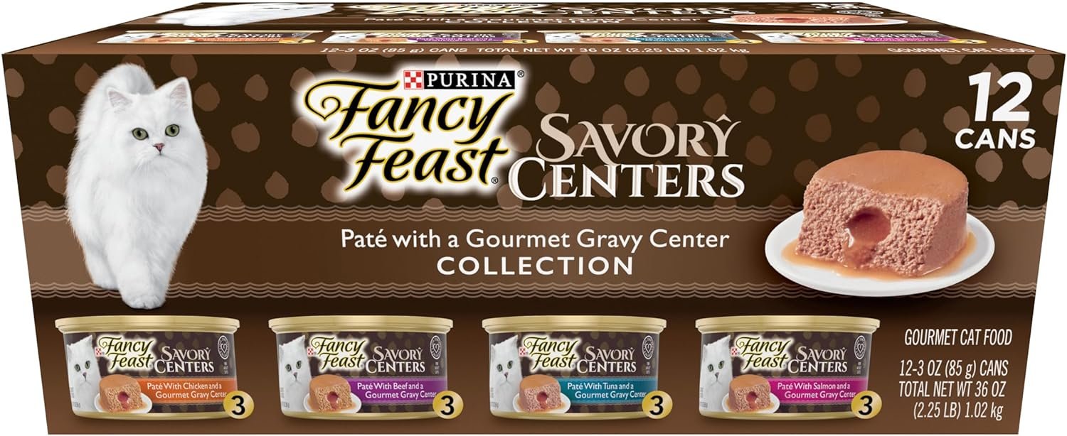 Purina Fancy Feast Pate Wet Cat Food Variety Pack, Savory Centers Pate With a Gravy Center - (2 Packs of 12) 3 oz. Pull-Top Cans