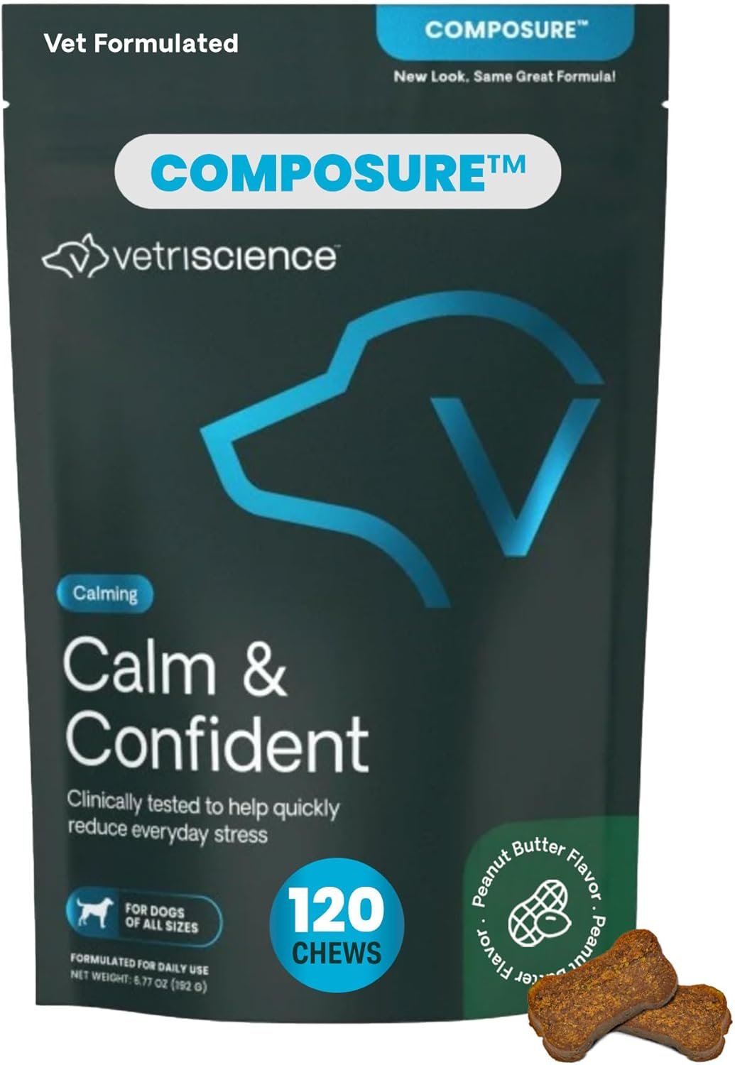 VetriScience Calm & Confident Chews, Composure Clinically Tested Calming and Anxiety Supplement for Dogs, Reduce Stress and Fear, for Thunderstorms, Fireworks and Travel, Peanut Butter, 120 Count