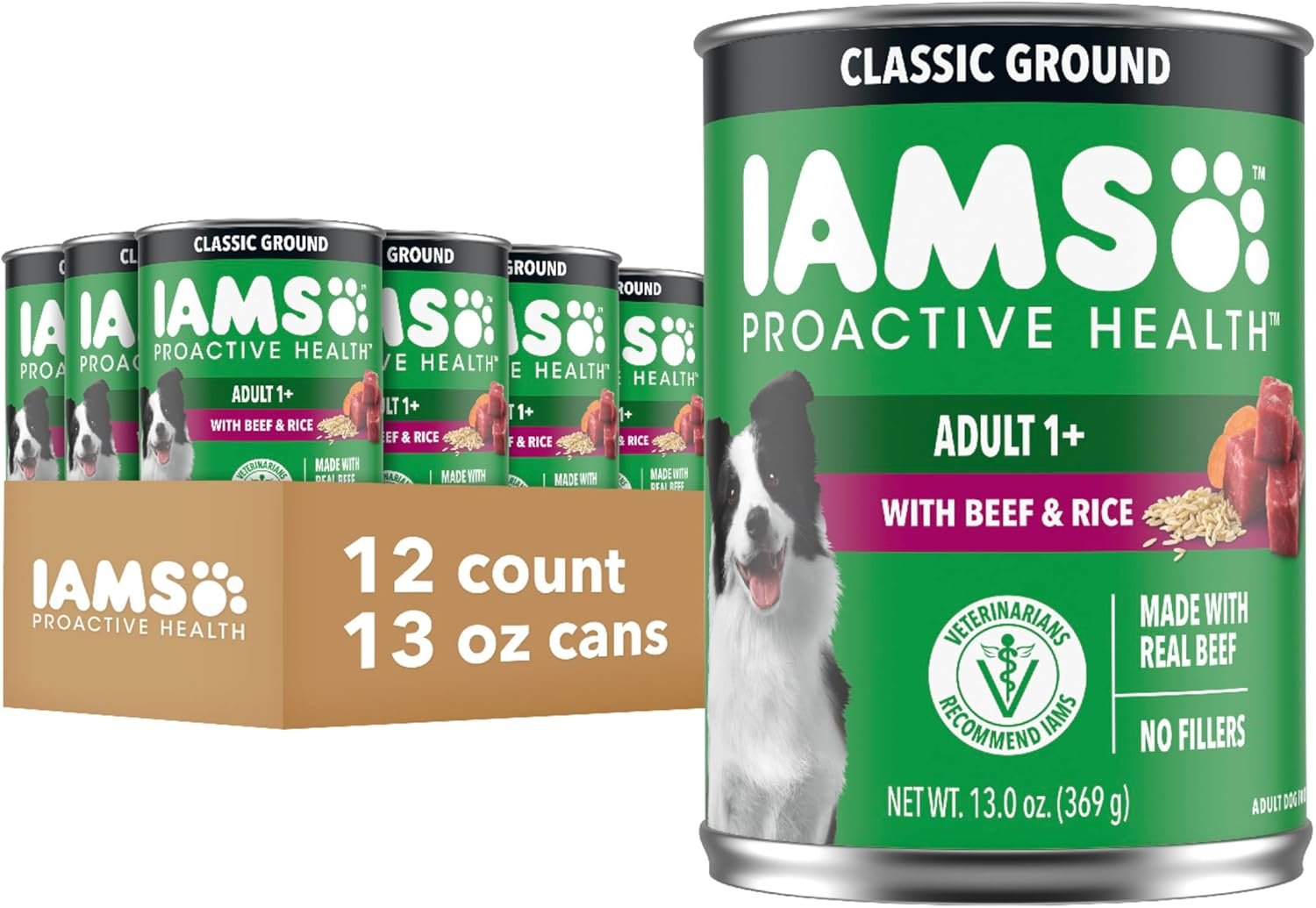 IAMS Proactive Health Adult Wet Dog Food Classic Ground with Beef and Rice, 13 oz. Cans (12 Count, Pack of 1)
