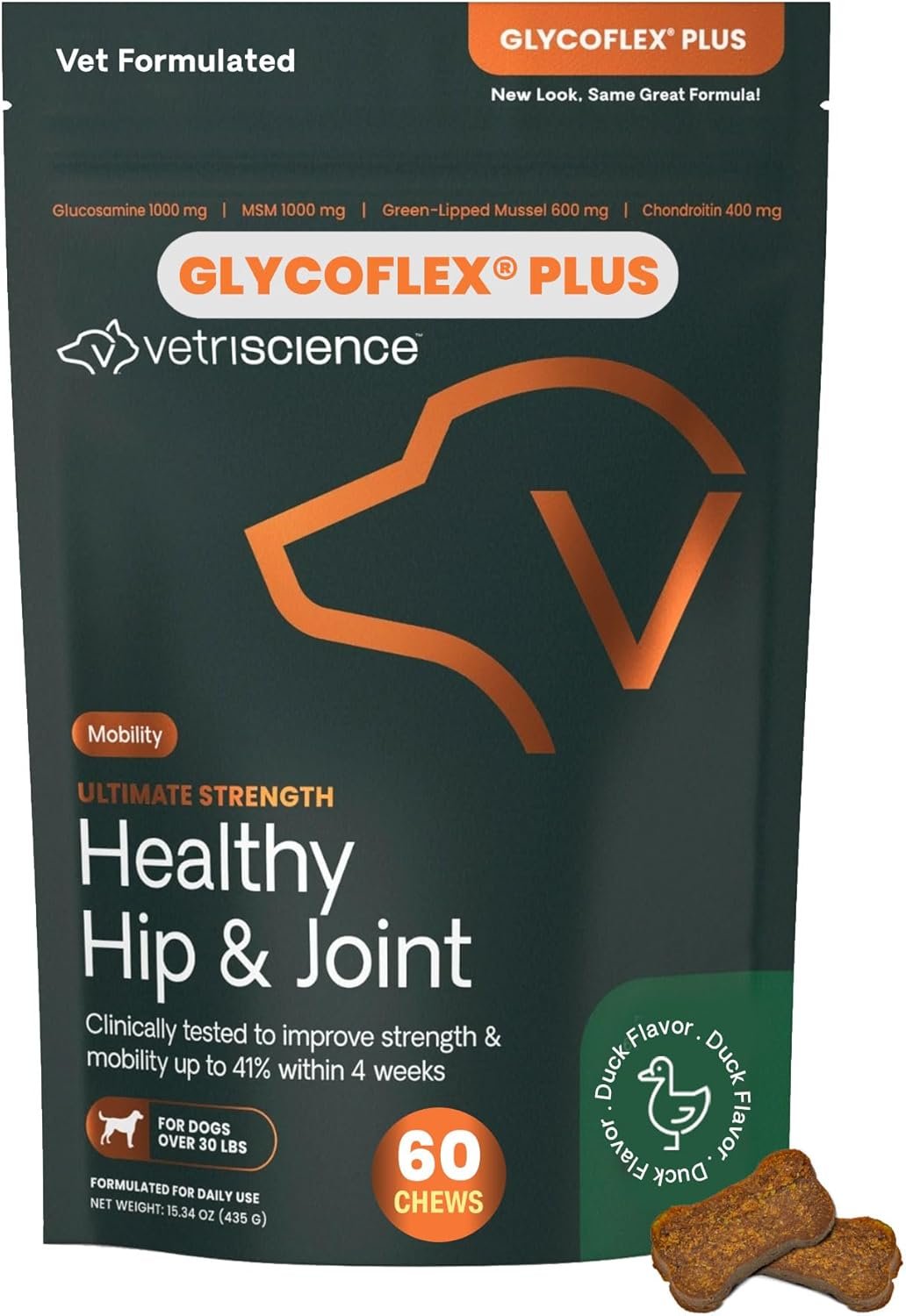 VetriScience Ultimate Strength Healthy Hip & Joint Chews, GlycoFlex Glucosamine, Chondroitin and Green-Lipped Mussel Joint Support Supplement for Dogs, Soothe Joint Discomfort, Duck, 60 Count