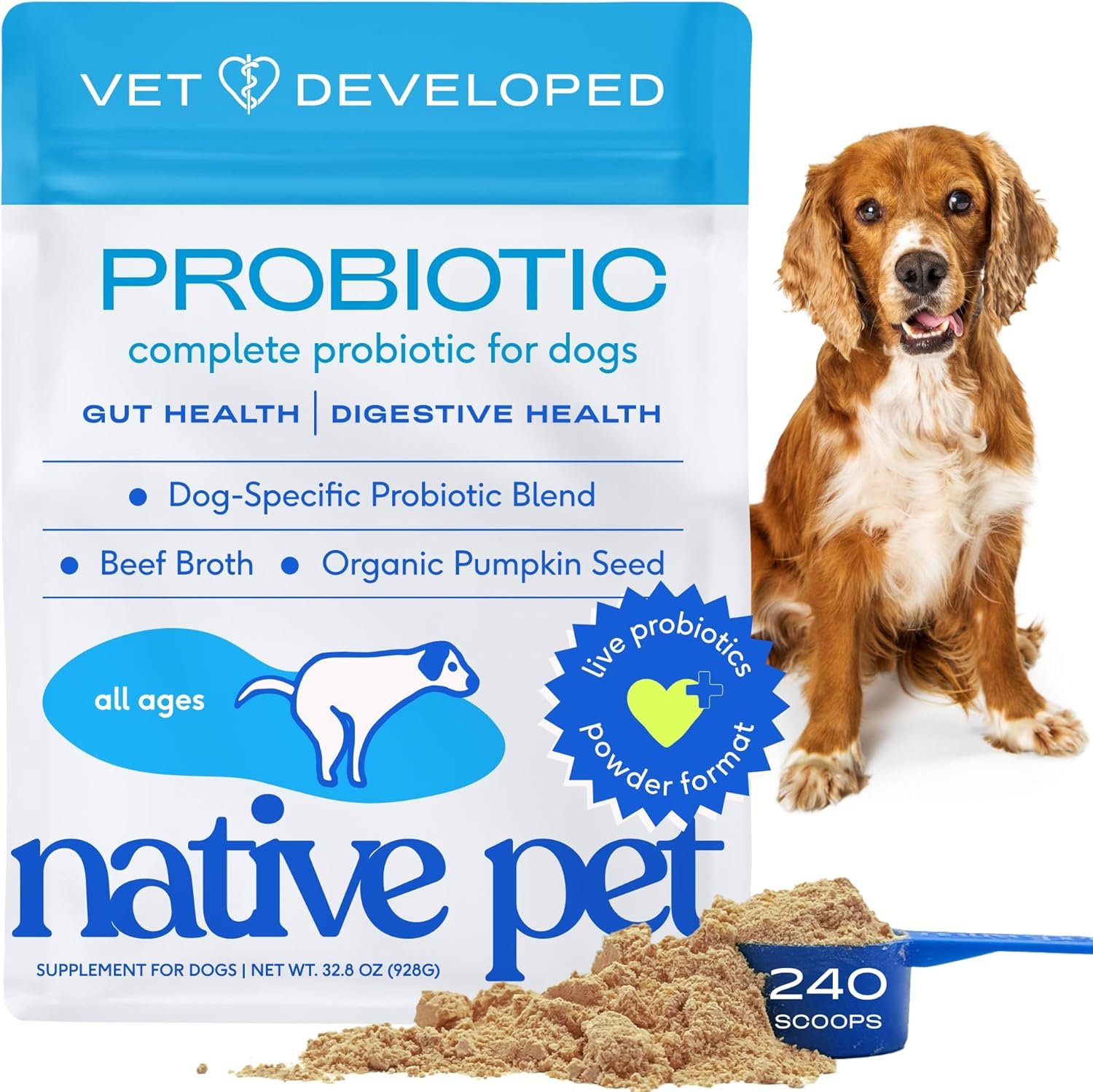 Native Pet Probiotics for Dogs - Dog Probiotics Powder for Digestive Health, Gut Support, & Immune Boost – Vet-Formulated Powder for Maximum Potency with Digestive Enzymes & Prebiotics - 240 Scoops