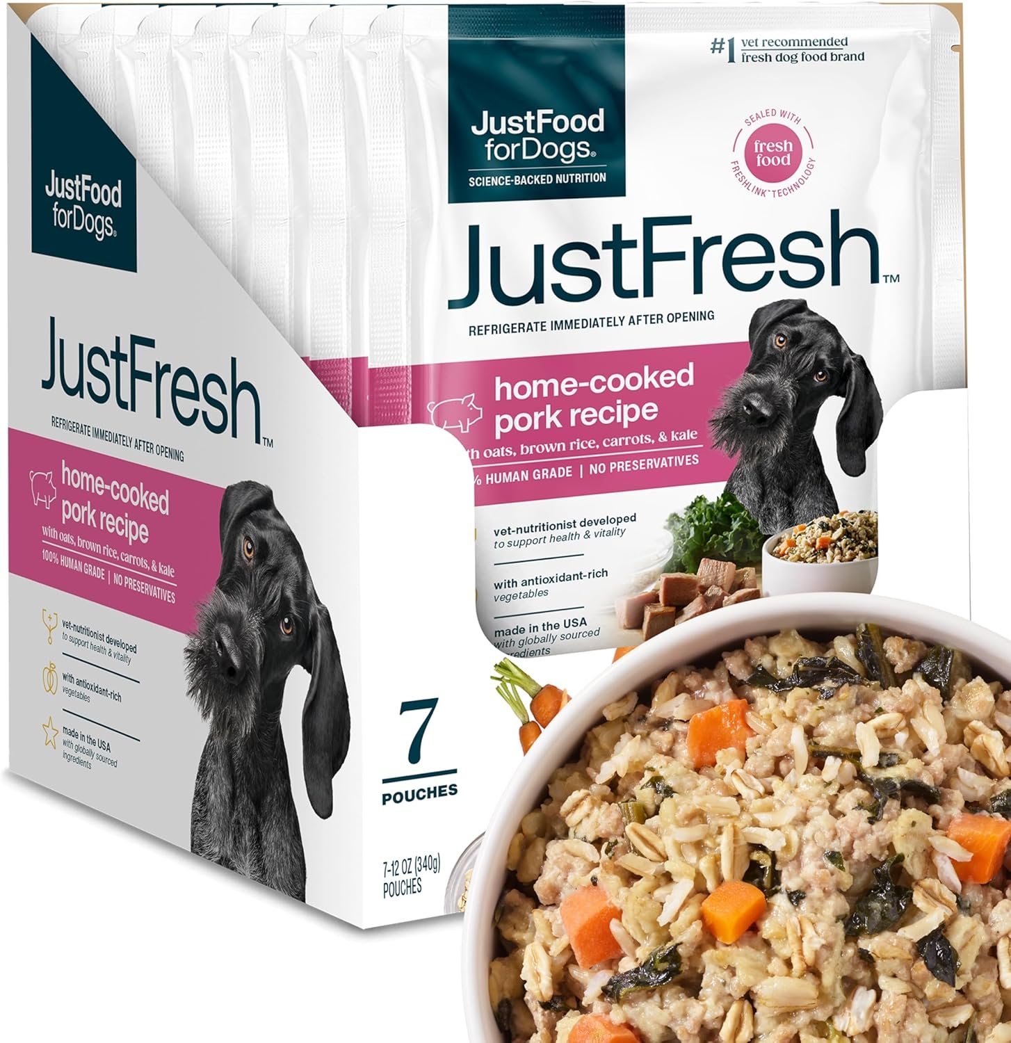 JustFoodForDogs JustFresh Home-Cooked Pork Dog Food with No Preservatives, Resealable Package, Human Grade Wet Dog Food, 12 oz - 7 Pack