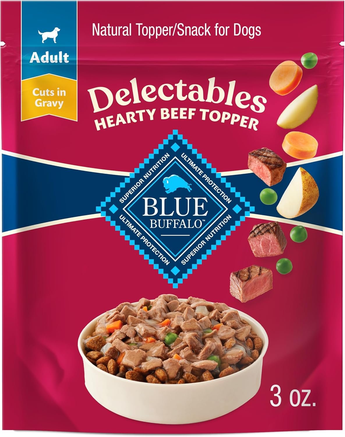 Blue Buffalo Delectables Natural Wet Dog Food Toppers, Hearty Beef Cuts in Gravy, 3-oz (24 Pouches)