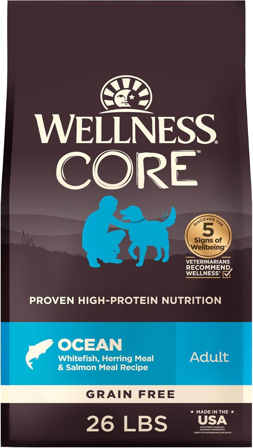 Wellness CORE Dry Dog Food, Grain-Free, High Protein, Natural, Ocean Whitefish, Herring, & Salmon Recipe, (26-Pound Bag)